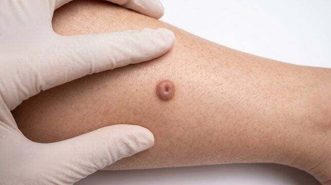 Lower leg skin with dermatofibroma showing firm brownish pink raised papule benign skin nodule, dermatology skin lesion identification concept