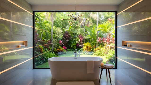 Modern bathroom with freestanding tub and tropical garden view through large window ambient lighting