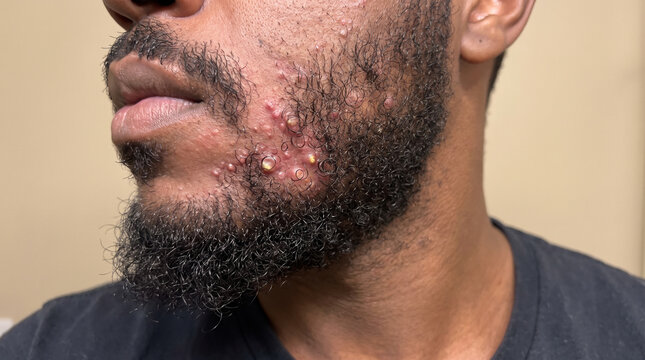 Black male beard area with folliculitis barbae showing infected hair follicle papules pustules and ingrown hairs, razor bump skin condition concept