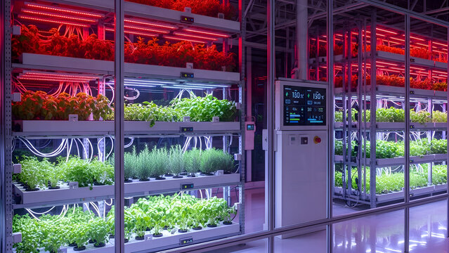 Indoor hydroponic plant factory with led grow lights rows of lush green and red leafy crops on shelving units automated control system