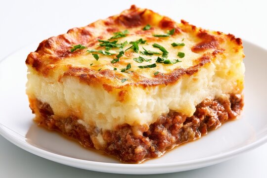 Single portion of shepherd's pie on a white plate, featuring layers of minced meat and mashed potatoes, garnished with fresh parsley, isolated on a clean background