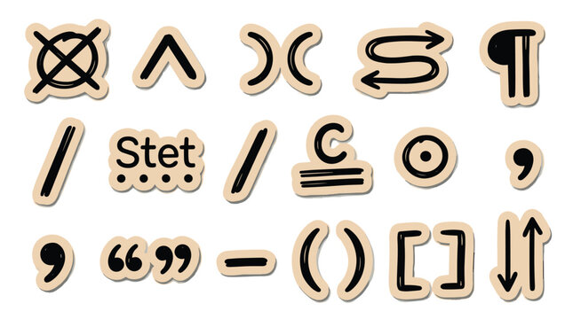 Proofreading marks sticker collection with hand drawn editing symbols and grammar notation plus punctuation signs and correction tools on vintage paper theme.