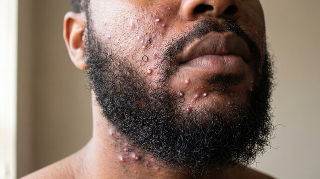 Black male beard area with folliculitis barbae showing infected hair follicle papules pustules and ingrown hairs, razor bump skin condition concept