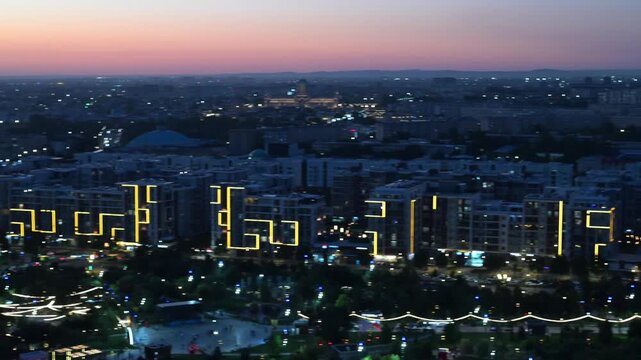 Tashkent, Uzbekistan - July 05, 2026:  Panoramic View of Tashkent City During Blue Hour with Illuminated Skyline. Uzbekistan. 4K.