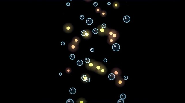 Rising Transparent Bubbles with Warm Light Particles on Black Background