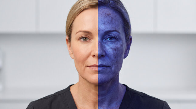 Split face portrait comparing normal skin versus UV sun damaged skin with age spots and texture, sun damage dermatology skin care concept