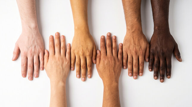 Diverse group of hands with different skin tones and ethnicities showing healthy skin, skin diversity inclusion multicultural healthcare concept