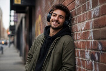 Obraz premium Young man listening to headphones leaning on brick wall street