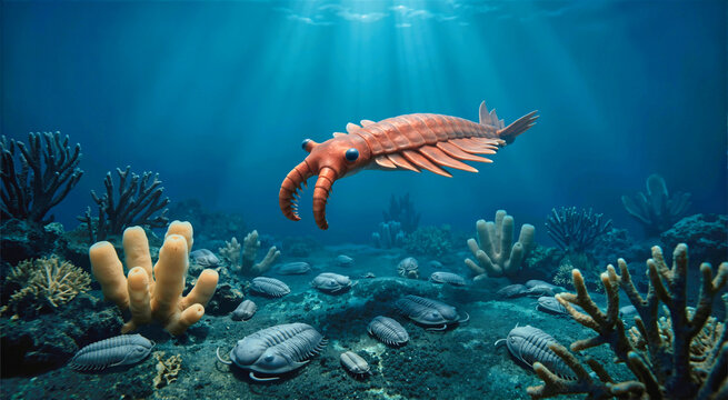Rust brown Anomalocaris swimming above a deep teal seafloor. Prehistoric marine ecosystem with muted gray trilobites and sponges. Ancient underwater Cambrian era concept