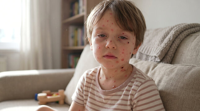Young child with chickenpox showing scattered red papules and fluid blisters on face neck and chest, varicella viral skin disease pediatric concept