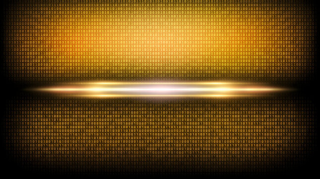 Abstract golden binary code background with a glowing light beam. Ideal for data security, technology themes, and digital communication concepts.