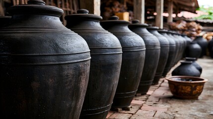 Obraz premium Rows of large dark ceramic jars lined up outdoors on a brick patio under wooden shelter one small decorative bowl nearby