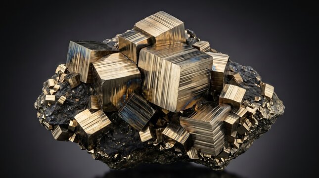 Pyrite Cubic Crystal Cluster Macro Mineral Geology Striated Face Science