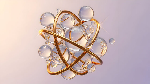 Glowing gold rings and transparent bubbles float against soft gradient background conveying innovation and science concepts