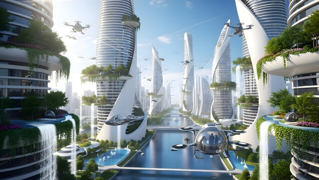Futuristic cityscape with sleek skyscrapers lush greenery and advanced transportation systems in a sustainable urban environment