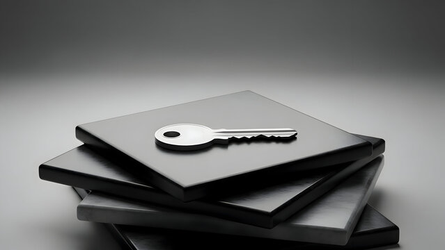 Stack of black books with silver key on top symbolizing knowledge and access in a dark background