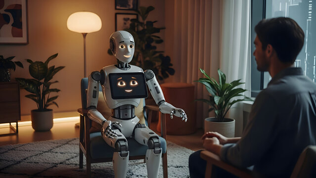 Robot and man engaged in conversation in a cozy living room with warm lighting and plants