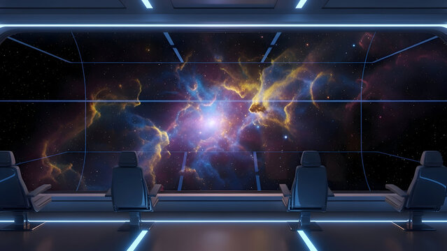 Futuristic control room with chairs facing a large screen displaying a vibrant swirling galaxy with bright lights and a dark futuristic interior