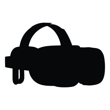 Solid black silhouette of a virtual reality headset with a curved head strap, isolated on a white background, side profile view of device