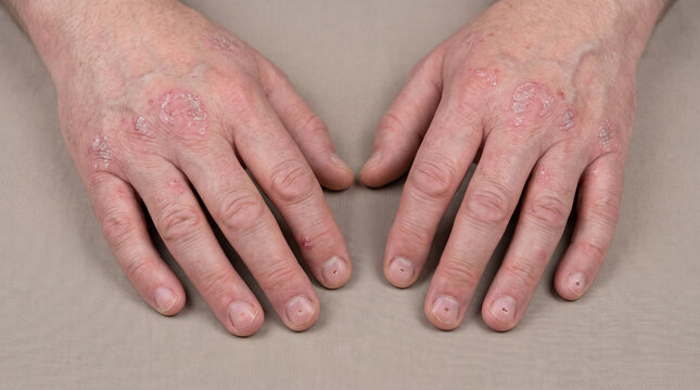 Hands with psoriatic arthritis showing swollen joints psoriasis plaques on skin and pitted nails, autoimmune joint skin disease dermatology concept