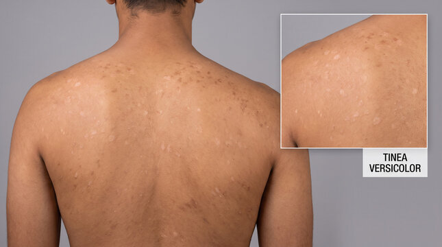 Back skin with tinea versicolor showing scattered hypopigmented and hyperpigmented patches caused by yeast infection, dermatology skin condition concept