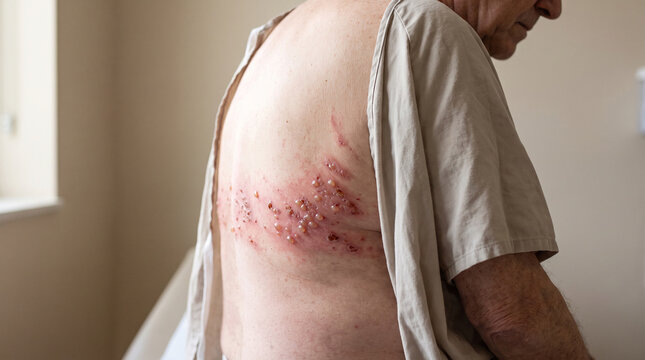 Torso showing shingles herpes zoster rash with grouped blisters following dermatomal pattern on ribcage, viral skin infection medical concept
