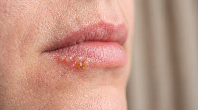 Close-up of lip with herpes labialis cold sore showing fluid blisters and crust on lip border, HSV-1 oral herpes viral skin infection concept