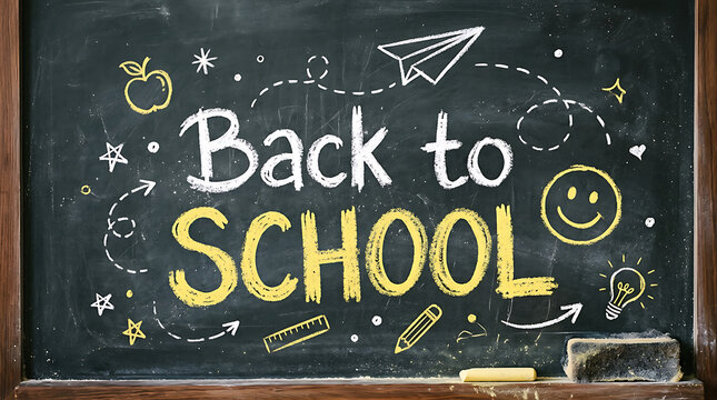 Back to school chalkboard background, with hand drawn, educational doodles and, for classroom education, and academic learning concept