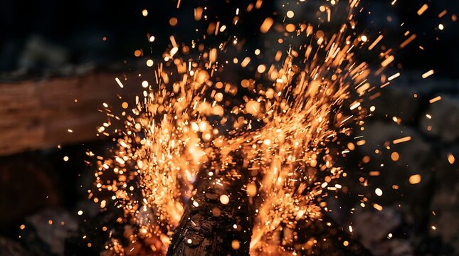 Vibrant orange fire sparks erupting from burning wooden logs during a dark night captured with a fast shutter speed to emphasize the intense glowing motion blur
