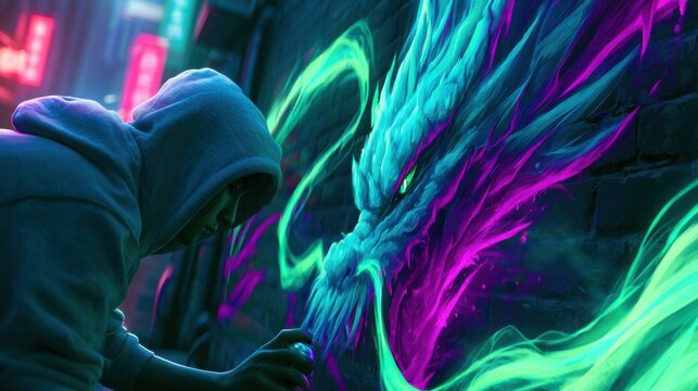 Cyberpunk street artist in gray hoodie spray paints a vibrant dragon mural on a brick wall, illuminated by neon lights in an urban environment