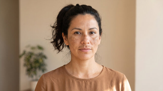 Woman face with melasma showing brown hyperpigmented patches on cheeks forehead and upper lip, hormonal skin pigmentation disorder concept