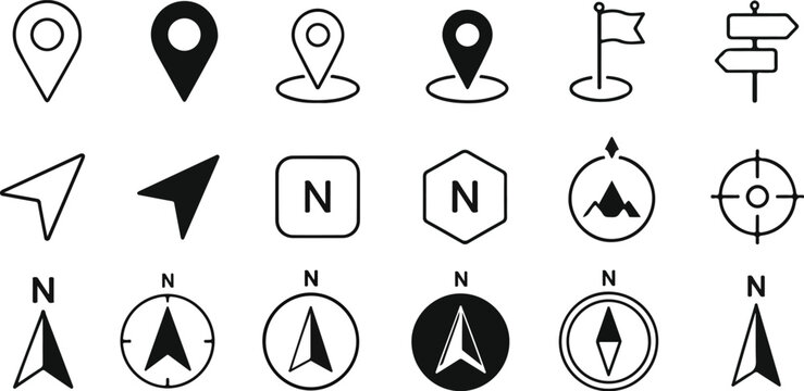 Set of black map navigation and location pin icons for website ui design