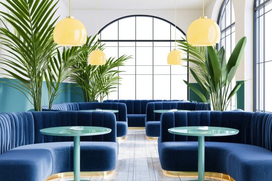Navy art deco cafe interior featuring deep blue seating, round glass tables, and large windows with yellow pendant lights and lush green plants