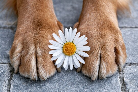 Large brown dog paws resting gently on gray stone surface with a white daisy flower placed between them, showcasing a serene and natural setting