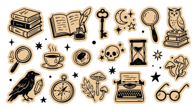 Set of cute hand drawn mystery magic and occult school stationery objects collection isolated on white background for creative design projects and bullet journal art.
