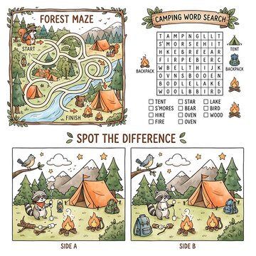 Vintage spot the difference game for kids. Retro children's puzzle activity with forest maze and camping scenes.