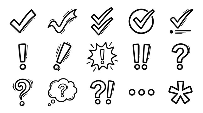Set of doodle check mark, exclamation and question marks. hand drawn sketch style checkmarks for list, ok, x and checklist. vector illustration.