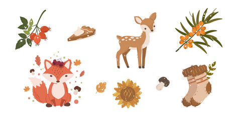 Fototapeta premium Cute Autumn Woodland Clipart Set | Fox, Deer, Sunflower & Forest Fall Elements
