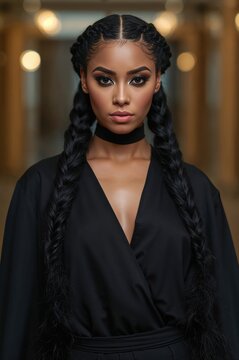 Reality show contestant portrait of young stuntwoman in cold lit hotel lobby