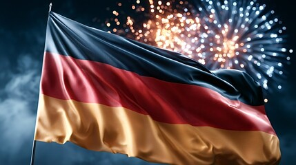 German flag proudly waving against a dark night sky, illuminated by bright, colorful fireworks exploding in the background, symbolizing national celebration, patriotism, and unity