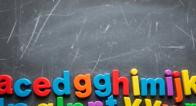 Colorful plastic alphabet letters arranged on a dark scratched chalkboard background, for educational concepts, and early childhood, learning tools