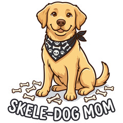 Cute yellow labrador puppy wearing spooky skeleton bandana and bones with skele dog mom halloween tshirt print design