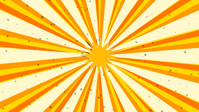 Retro yellow and orange radial sunburst animation with floating particles and star.