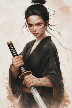 immagine in stile disegno tradizionale di una donna samurai armata di katana, image in the style of a traditional drawing of a female samurai armed with a katana