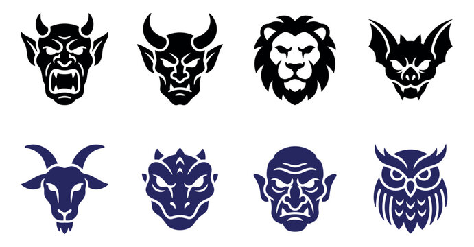 Set of scary monster and animal face icons featuring devil lion bat goat dragon goblin and owl heads Vector, illustration
