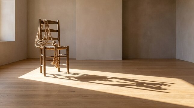 Empty wooden chair with rope casting a bound hands shadow, captivity and hope concept