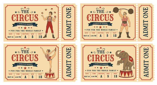 Set of vintage circus admission tickets featuring classic performers including a juggler, strongman, acrobat, and circus elephant for circus parties, events, invitations, scrapbooking, stationery.