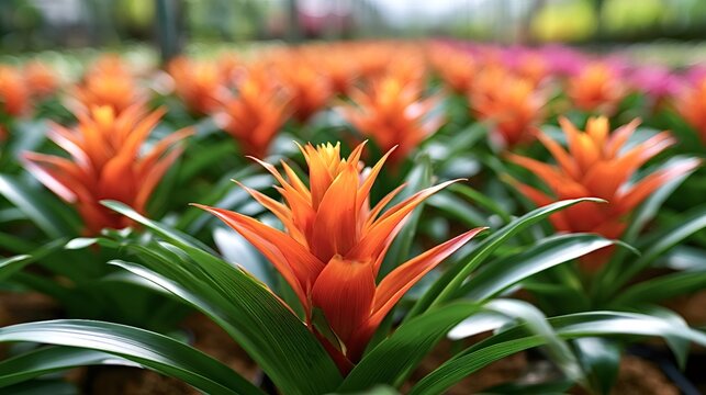 Orange guzmania bromeliad plants displaying vibrant color and lush green leaves, cultivating in long rows inside a warm tropical greenhouse during the day