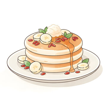 Stack of pancakes with banana and syrup