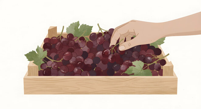 Hand holding grapes from a wooden crate